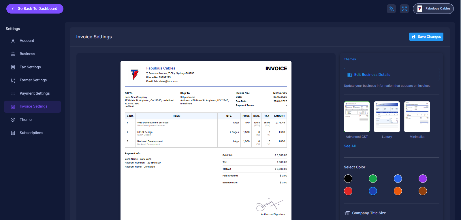Invoice Customization Screen